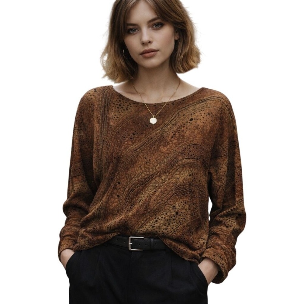 VTG Chicos Embossed Organic Print Earthy Brown Blouse Size XL/16 Boho Retro Chic